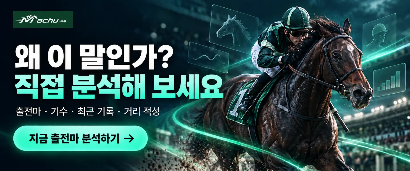내 예상에 마추의 분석을 더하다 — 출전마·기수·최근 기록·거리 적성을 한눈에. 무료 분석 체험하기.